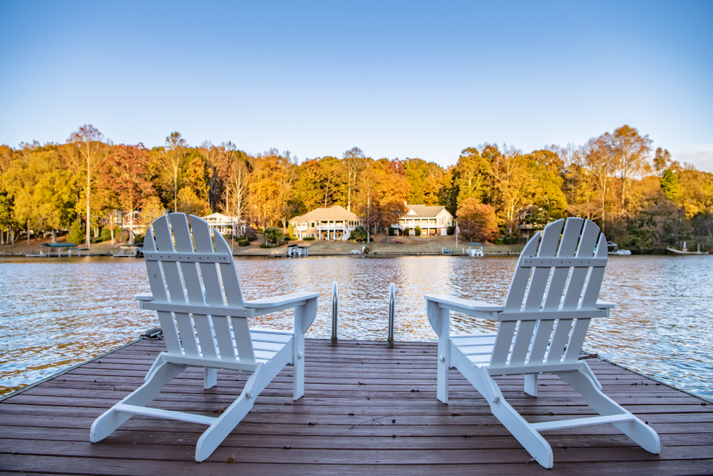 Adirondack Style Chairs On A floating Dock Overlooking A quiet lake